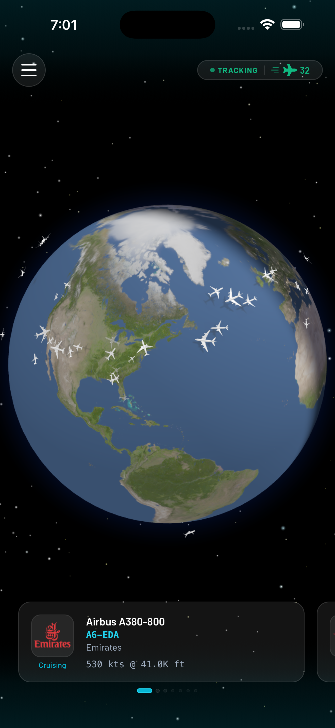 Fleet app showing live aircraft tracking on a 3D globe