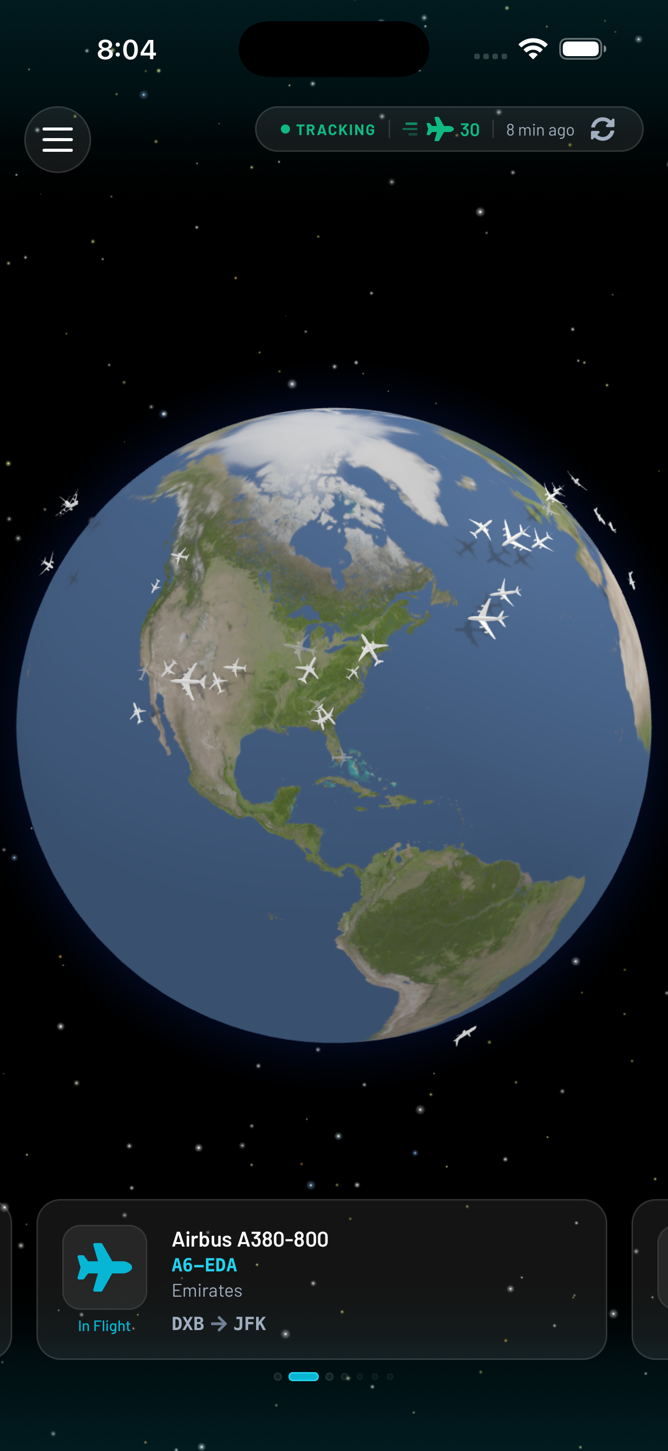 Fleet app showing live aircraft tracking on a 3D globe
